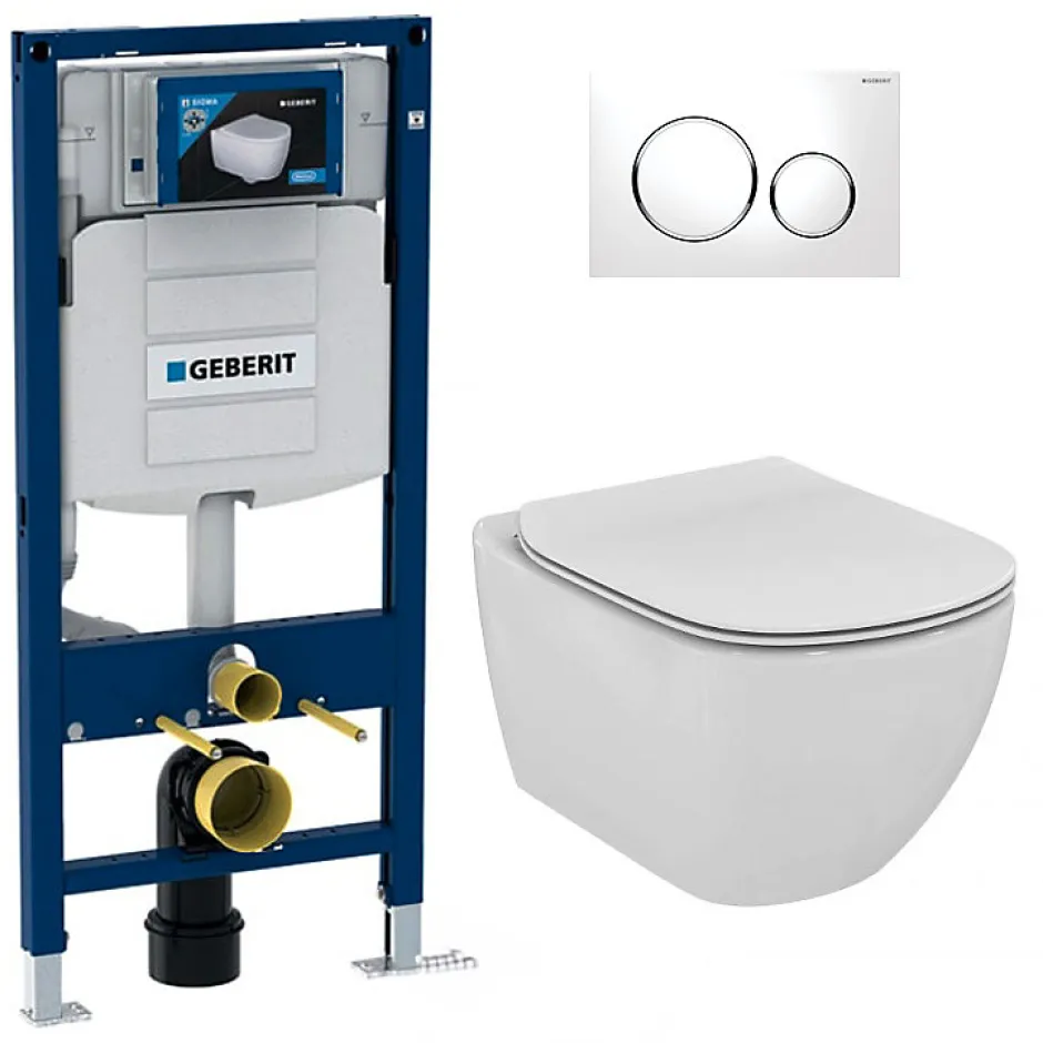 Geberit Pack WC Bati Duofix + Cuvette Ideal Standard Tesi Aquablade + Plaque de commande Sigma20 Blanc chrome + bati support