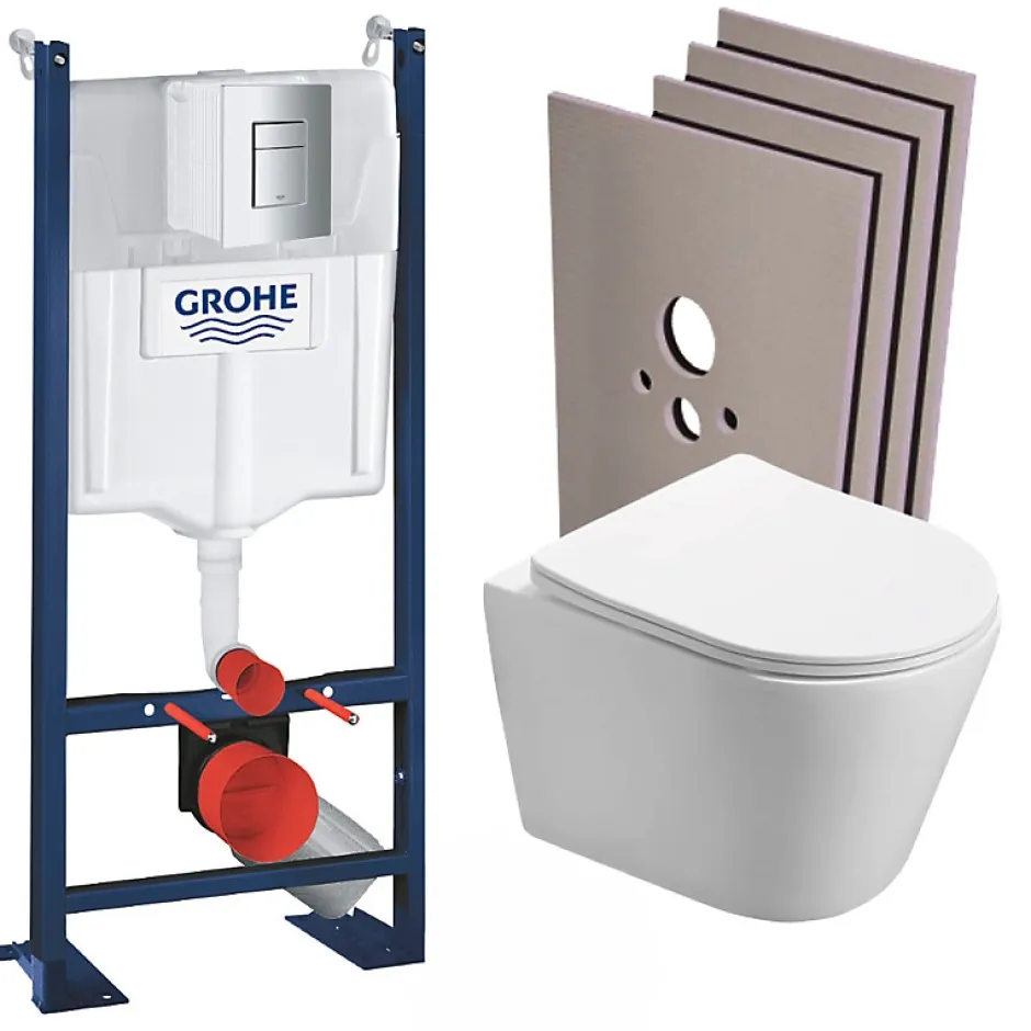 Swiss Aqua Technologies Pack WC Bâti autoportant + WC sans bride SAT Infinitio + Abattant softclose + Plaque Chrome mat + Set habillage* Wc Suspendu