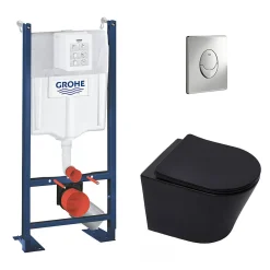 Swiss Aqua Technologies Pack WC Bâti-autoportant Rapid SL + WC Infinitio sans bride noir mat + Abattant softclose + Plaque chrome