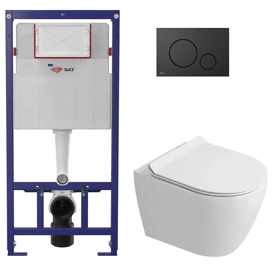 Swiss Aqua Technologies Pack WC bâti-support + WC sans bride Ceramia PixL avec abattant SoftClose + plaque noir (STCEPXWT03-FR)