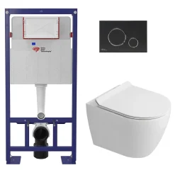Swiss Aqua Technologies Pack WC bâti-support autoportant + WC sans bride Ceramia PixL avec abattant SoftClose + plaque noir (STCEPXWT02-U)