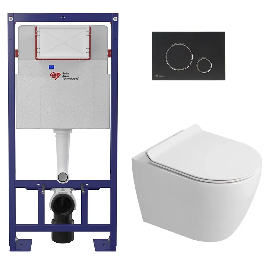 Swiss Aqua Technologies Pack WC bâti-support autoportant + WC sans bride Ceramia PixL avec abattant SoftClose + plaque noir (STCEPXWT02-U)