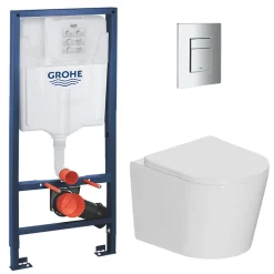 Grohe Pack WC bâti-support Rapid SL + WC suspendu sans bride + abattant SoftClose + plaque chrome, blanc (RAPIDSL-CETOR)* Wc Suspendu