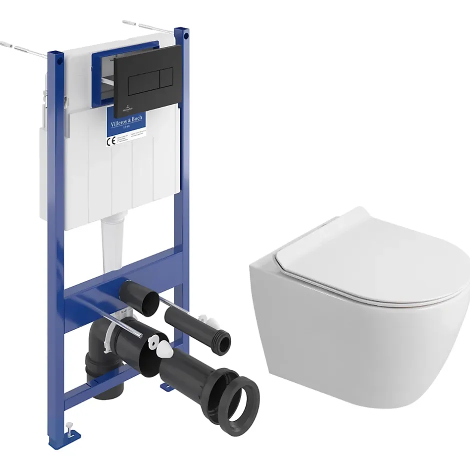 Villeroy & Boch Pack WC bâti-support sol-mur + WC sans bride Ceramia PixL avec abattant SoftClose + plaque noir (VBCEPXWT01-FR)