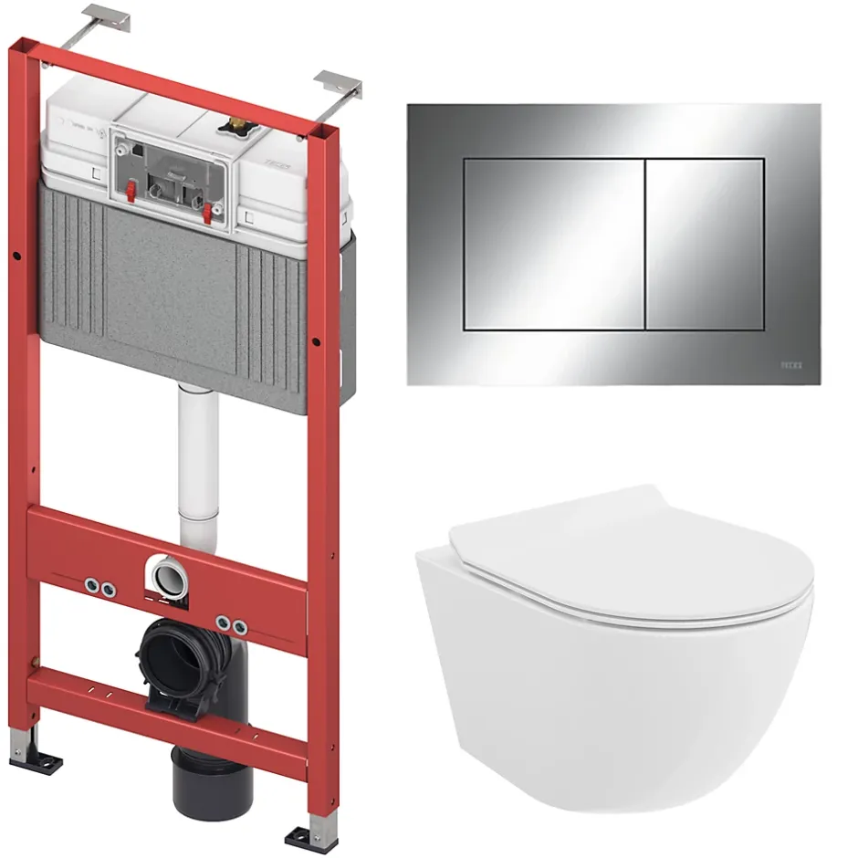 Badland Pack WC Bâti-support TECEbase + WC Rolo blanc + tapis d'isolation acoustique + plaque chrome