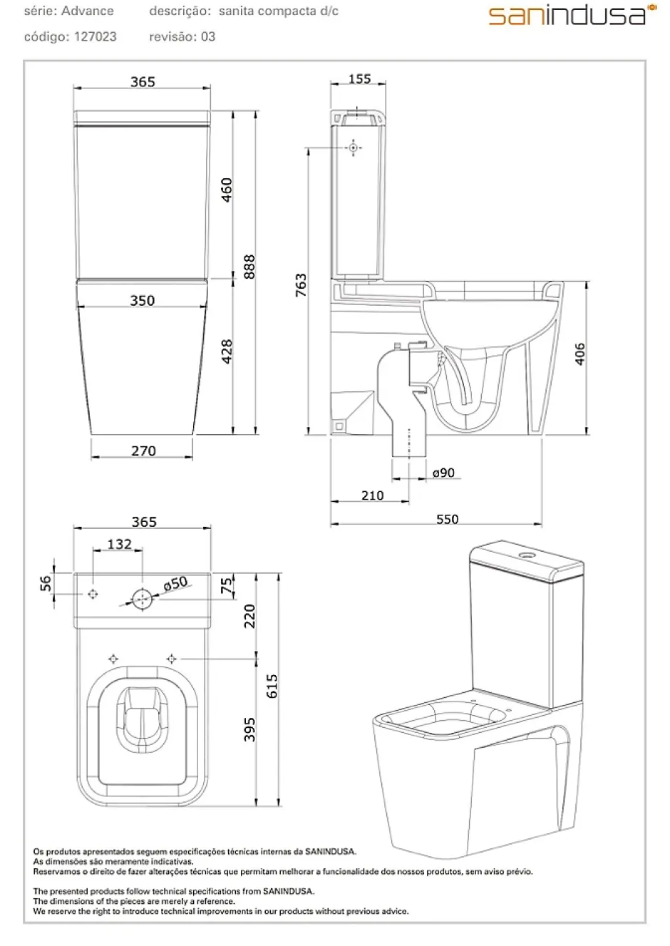 Sanindusa Pack WC Compact caréné blanc ADVANCE 61,5x36,5 chasse d'eau par le coté, évacuation arrière ou dessous, abattant inclus