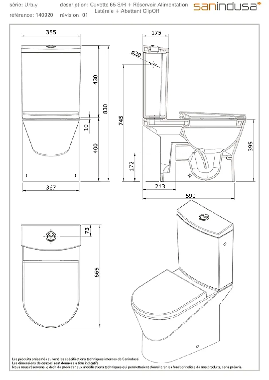 Sanindusa Pack WC cuvette+réservoir+abattant+fixations UrbY 65 caréné évacuation arrière alim. chasse d'eau par le côté blanc* Wc À Poser