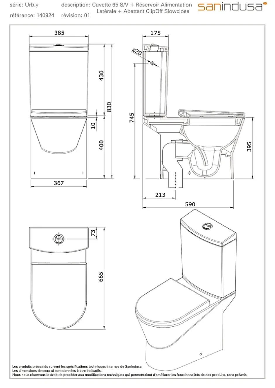 Sanindusa Pack WC cuvette+réservoir+abattant+fixations caréné évacuation par dessous alim. chasse par le côté abattant frein de chute blanc* Wc À Poser