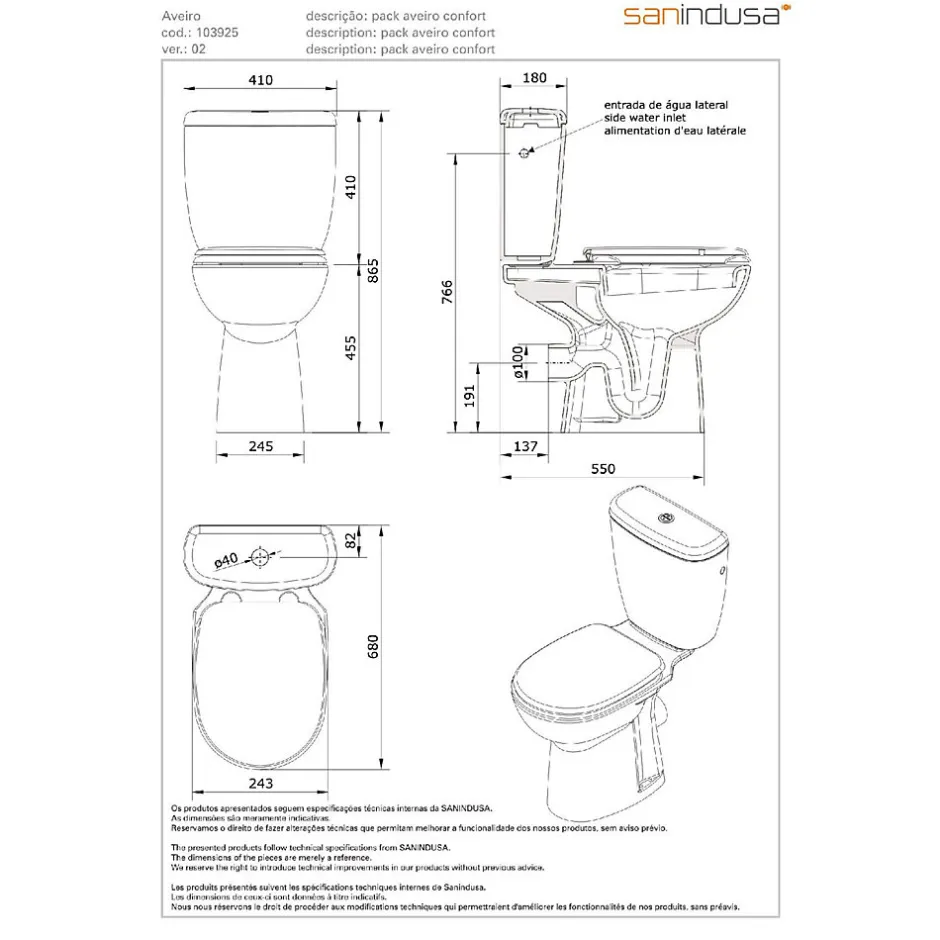 Sanindusa Pack WC PMR normes handicapé Aveiro Confort évacuation arrière alim. chasse d'eau par dessous blanc* Wc À Poser