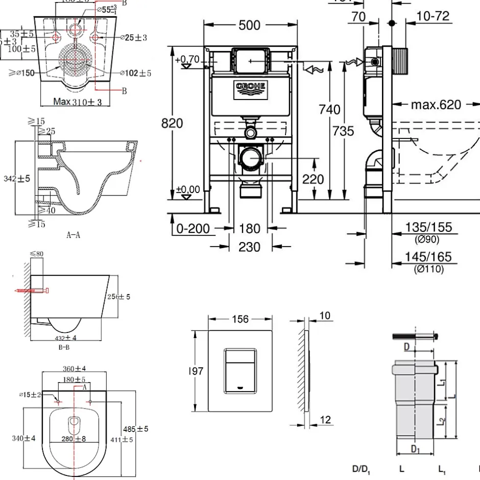 Grohe Pack WC Rapid SL + Cuvette sans bride SAT, fixations invisibles + Plaque Chrome (RapidSL082-SATrimless-1)