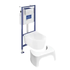 Villeroy & Boch Pack WC sans bride VILLEROY ET BOCH Avento + Bâti support + abattant frein de chute + plaque chromée mat + Tabouret blanc* Wc Suspendu