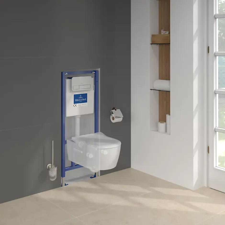 Villeroy & Boch Pack WC sans bride VILLEROY ET BOCH Avento + Bâti support + abattant frein de chute + plaque chromée mat + Tabouret blanc* Wc Suspendu