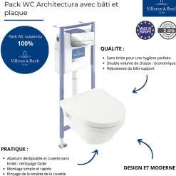 Villeroy & Boch Pack WC sans bride VILLEROY ET BOCH Architectura abattant + bâti-support sol et mur + plaque chromée brillant + Tabouret bois