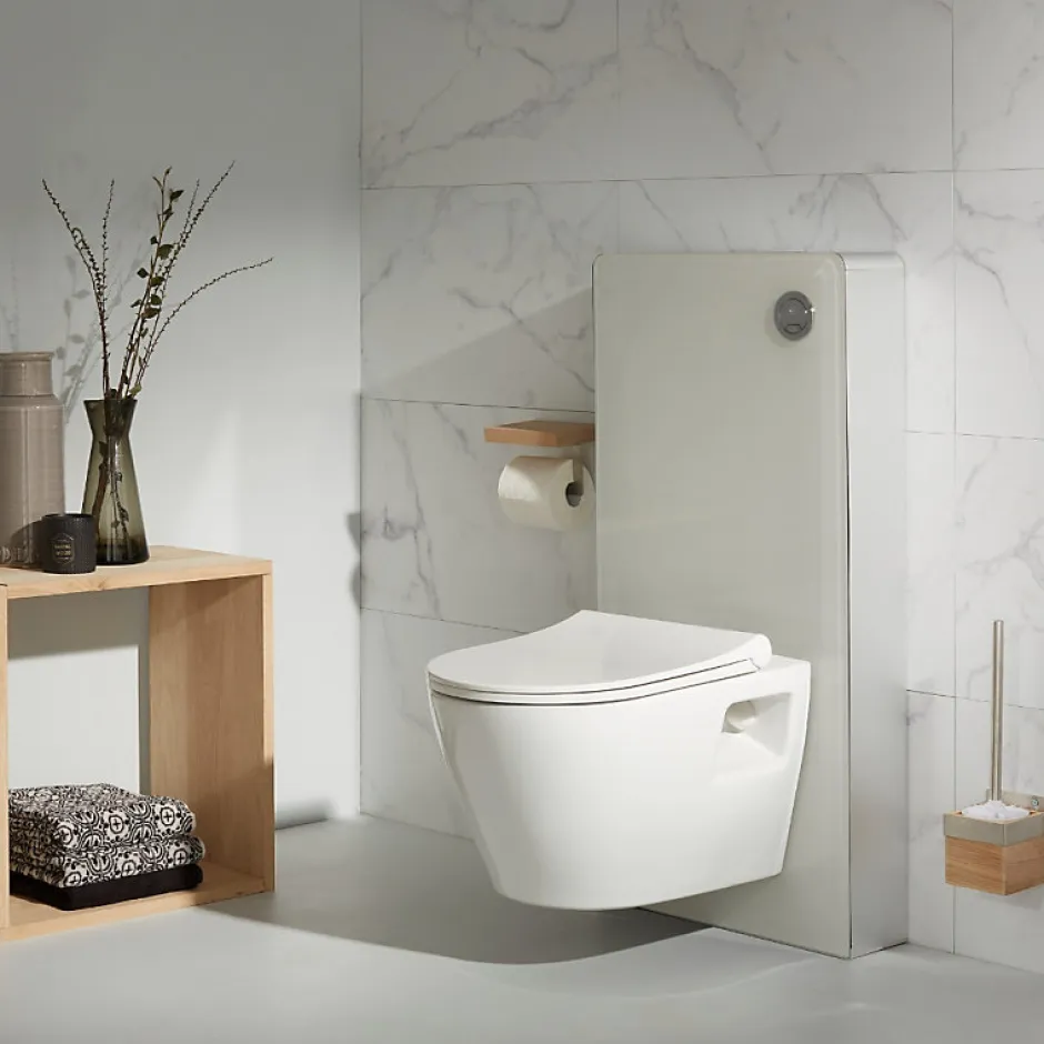 Planète Bain Pack WC suspendu avec bâti Verre blanc + Cuvette suspendue sans bride et abattant slim* Wc Suspendu