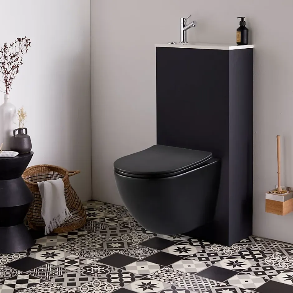 Planète Bain Pack WC suspendu avec lave-mains intégré + cuvette gain de place sans bride corolla Noir mat* Wc Suspendu