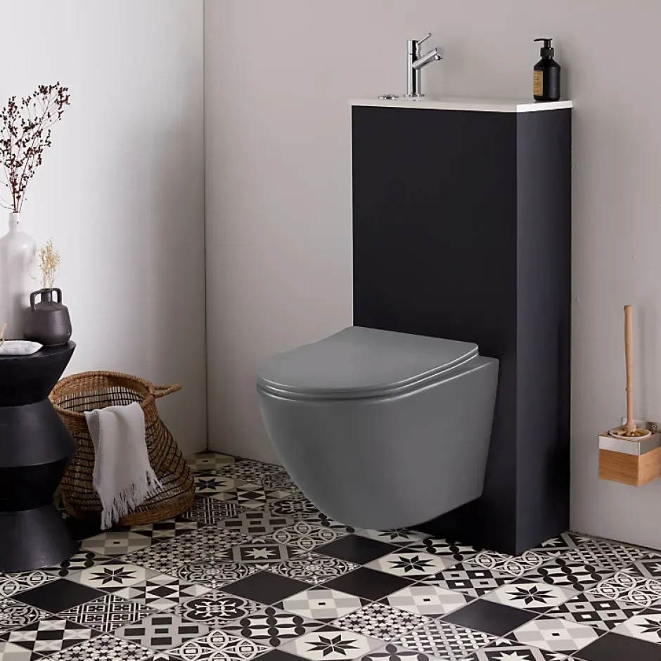 Planète Bain Pack WC suspendu avec lave-mains intégré + Cuvette gain de place sans bride corolla Gris mat* Wc Suspendu