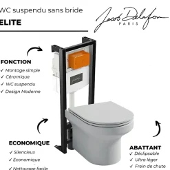 Jacob Delafon Pack WC suspendu sans bride Elite + bâti-support + plaque Chrome + accessoires