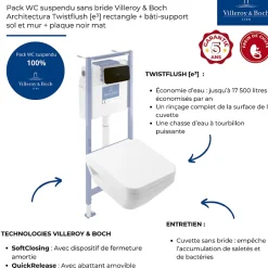 Villeroy & Boch Pack WC suspendu sans bride Architectura Twistflush e3 rectangle + bâti-support sol et mur + plaque noir* Wc Suspendu