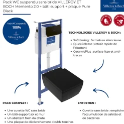 Villeroy & Boch Pack WC suspendu sans bride VILLEROY ET BOCH Memento 2.0 + abattant + bâti-support sol et mur + plaque Pure Black