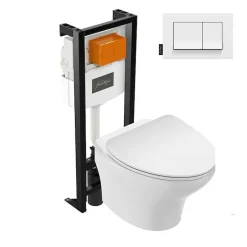 Jacob Delafon Pack WC suspendu sans bride compact Nouvelle vague+ bâti-support + plaque Blanc brillant