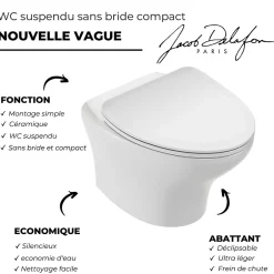Jacob Delafon Pack WC suspendu sans bride compact Nouvelle vague+ bâti-support + plaque Blanc brillant