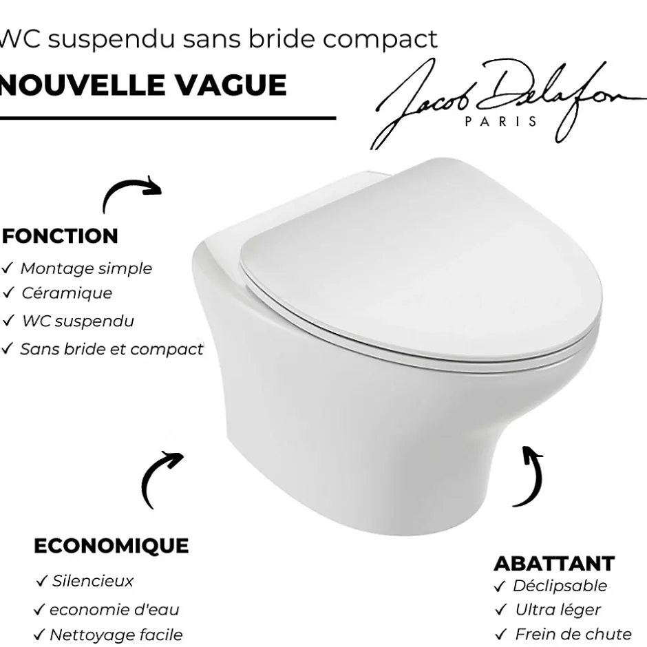 Jacob Delafon Pack WC suspendu sans bride compact Nouvelle vague+ bâti-support + plaque Blanc brillant