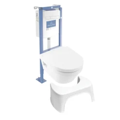 Villeroy & Boch Pack WC suspendu sans bride VILLEROY ET BOCH Architectura Directflush + abattant + plaque blanche + bâti + Tabouret blanc