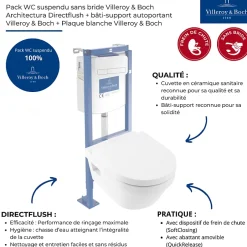 Villeroy & Boch Pack WC suspendu sans bride VILLEROY ET BOCH Architectura Directflush + abattant + plaque blanche + bâti + Tabouret blanc