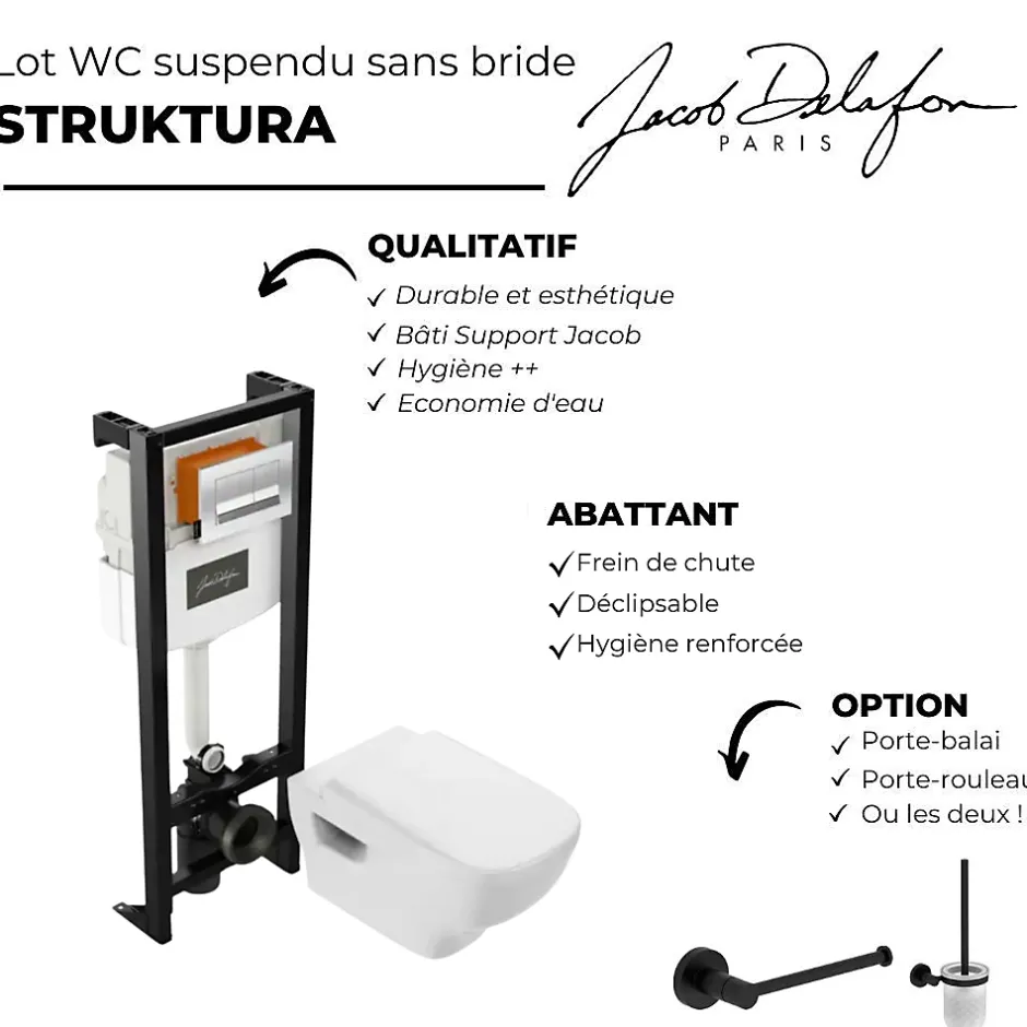 Jacob Delafon Pack WC suspendu sans bride Struktura+ bâti-support + plaque Noir brillant/Noir mat