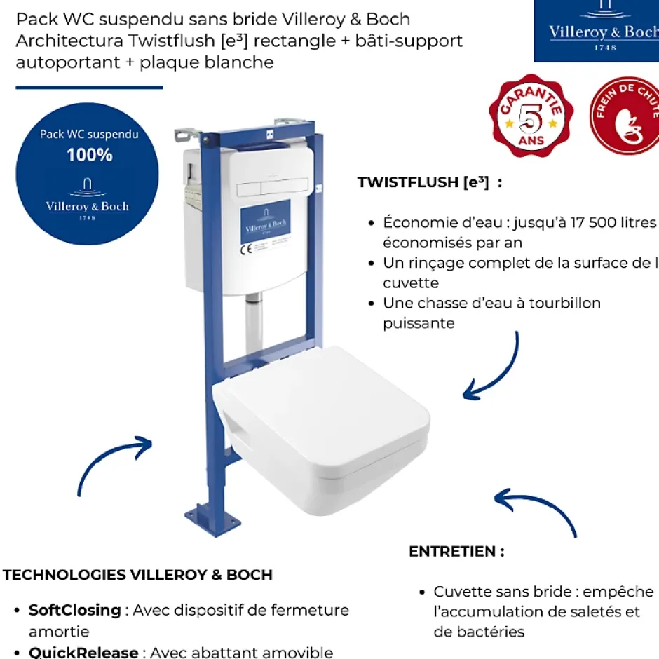 Villeroy & Boch Pack WC suspendu sans bride Architectura Twistflush e3 rectangle + bâti-support ViConnect + plaque blanc
