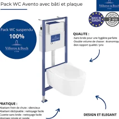 Villeroy & Boch Pack WC suspendu sans bride VILLEROY ET BOCH Avento + Bâti support ViConnect Pro + abattant frein de chute + plaque blanche