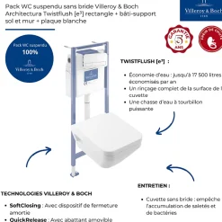 Villeroy & Boch Pack WC suspendu sans bride Architectura Twistflush e3 rectangle + bâti-support sol et mur + plaque blanc