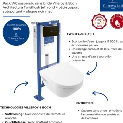 Villeroy & Boch Pack WC suspendu sans bride Architectura Twistflush e3 rond + bâti-support ViConnect + plaque noir* Wc Suspendu