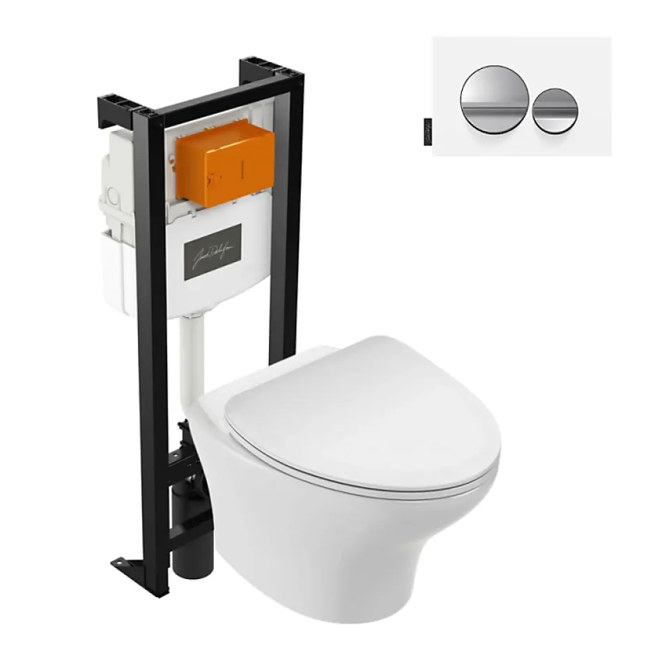 Jacob Delafon Pack WC suspendu sans bride Nouvelle vague + bati support + plaque chromé brillant blanc mat
