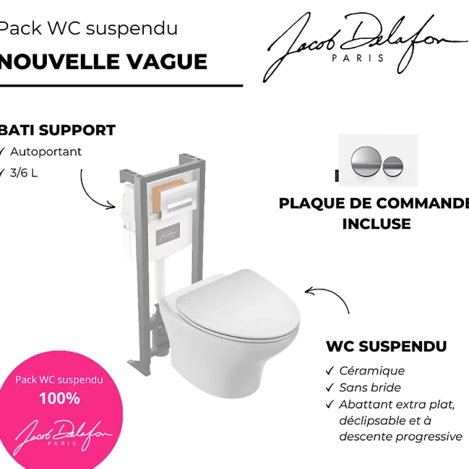 Jacob Delafon Pack WC suspendu sans bride Nouvelle vague + bati support + plaque chromé brillant blanc mat