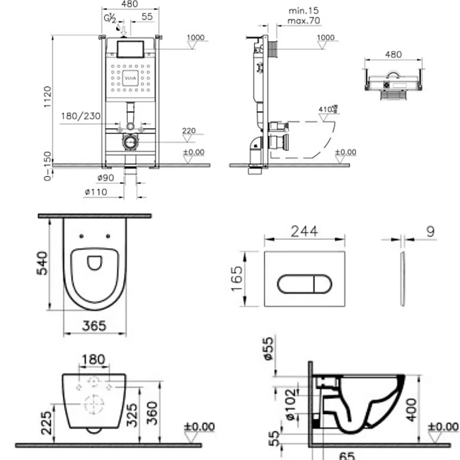 Vitra Pack WC suspendu Sento blanc + bâti autoportant V-Fix Core + Plaque Round Noir mat* Wc Suspendu