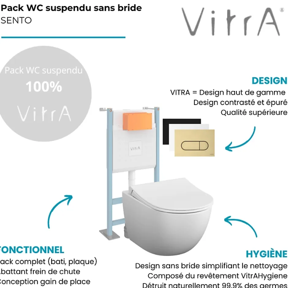 Vitra Pack WC suspendu Sento blanc mat + bâti autoportant V-Fix Core + Plaque Round Blanche* Wc Suspendu