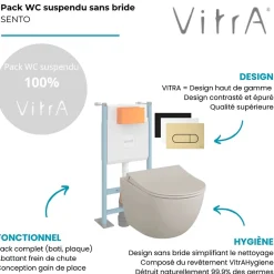 Vitra Pack WC suspendu Sento lin mat + bâti autoportant V-Fix Core + Plaque Round noir mat* Wc Suspendu