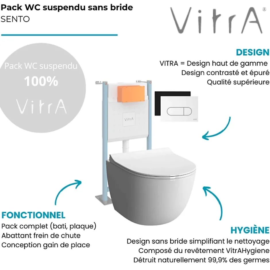 Vitra Pack WC suspendu Sento blanc + bâti autoportant V-Fix Core + Plaque Round Blanche