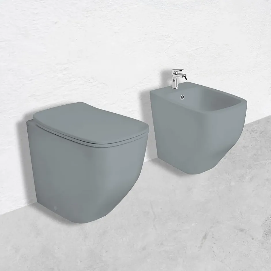 Kiamami Valentina Paire De Bidet Et Wc Encastrés Gris Mat Avec Abattant De Toilette* Wc À Poser
