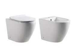 Laneri Paire de Sanitaires Bent Rimless - Cuvette + Bidet Mural au Sol Blanc Brillant - Sans Bride, Abattant Soft-Close