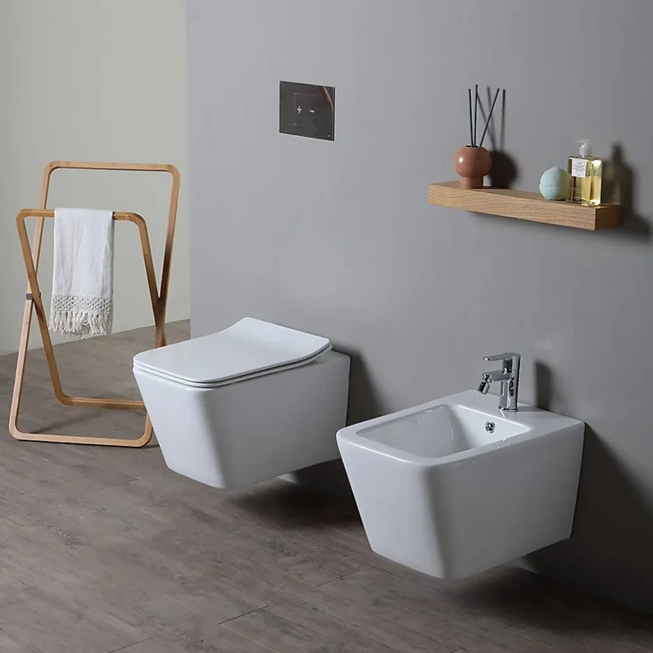 Kiamami Valentina Paire De Sanitaires Suspendus Wc Et Bidet En Céramique Avec Émail Antibactérien Et Système Rimless - Rock* Wc Suspendu