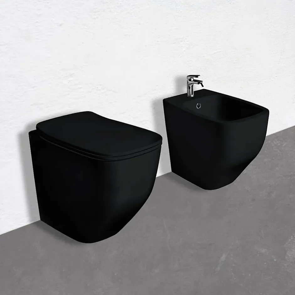 Kiamami Valentina Paire De Wc Sur Pied Et Bidet En Céramique Noire Mate