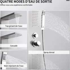 Homelody Panneau de douche Chromé en Laiton 4 en 1 Colonne de Douche Hydromassante Murale Système de Douche Multifonctionnel