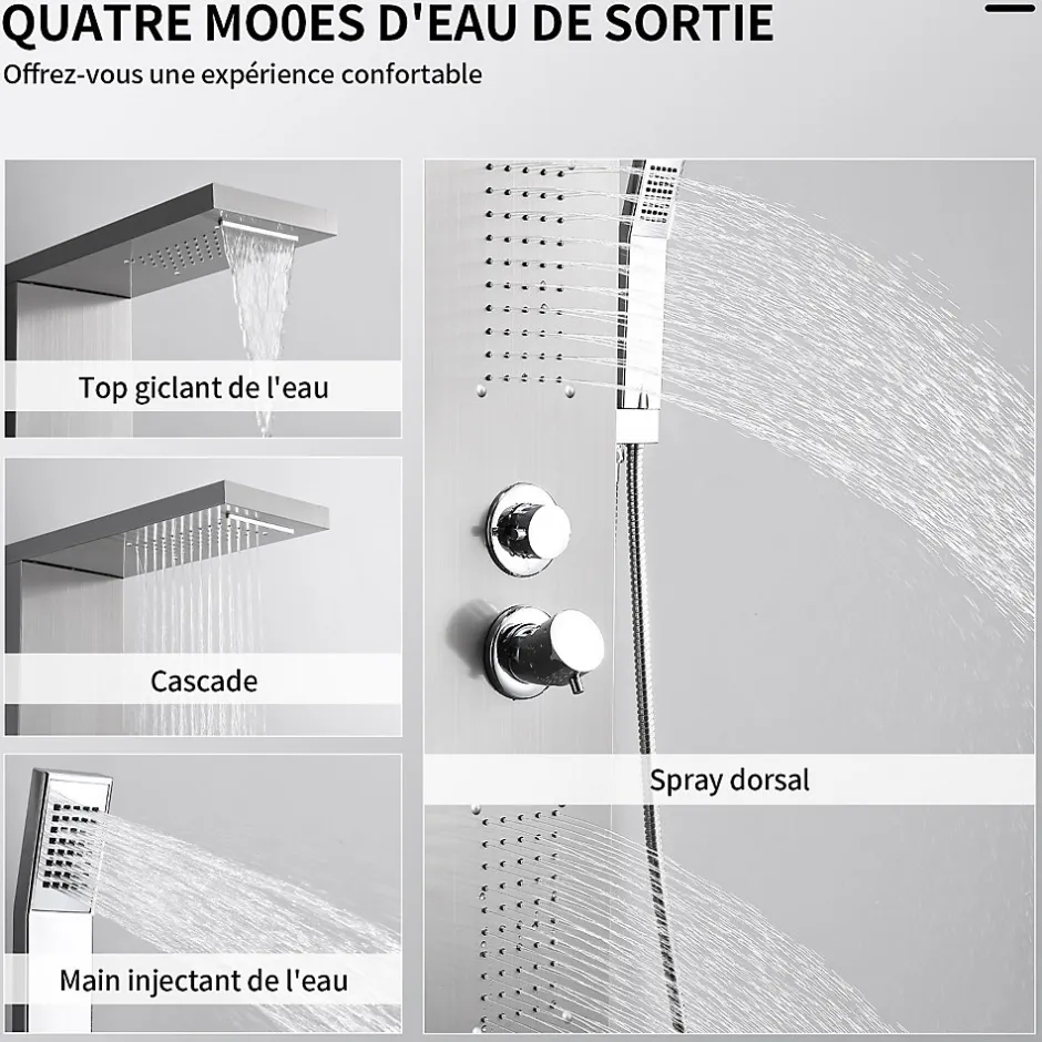 Homelody Panneau de douche Chromé en Laiton 4 en 1 Colonne de Douche Hydromassante Murale Système de Douche Multifonctionnel