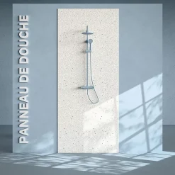 Mon Marché Déco Panneau Douche PVC Terrazzo Blanc - L. 240 x l. 100 x ép. 1 cm* Panneau Mural De Salle De Bains