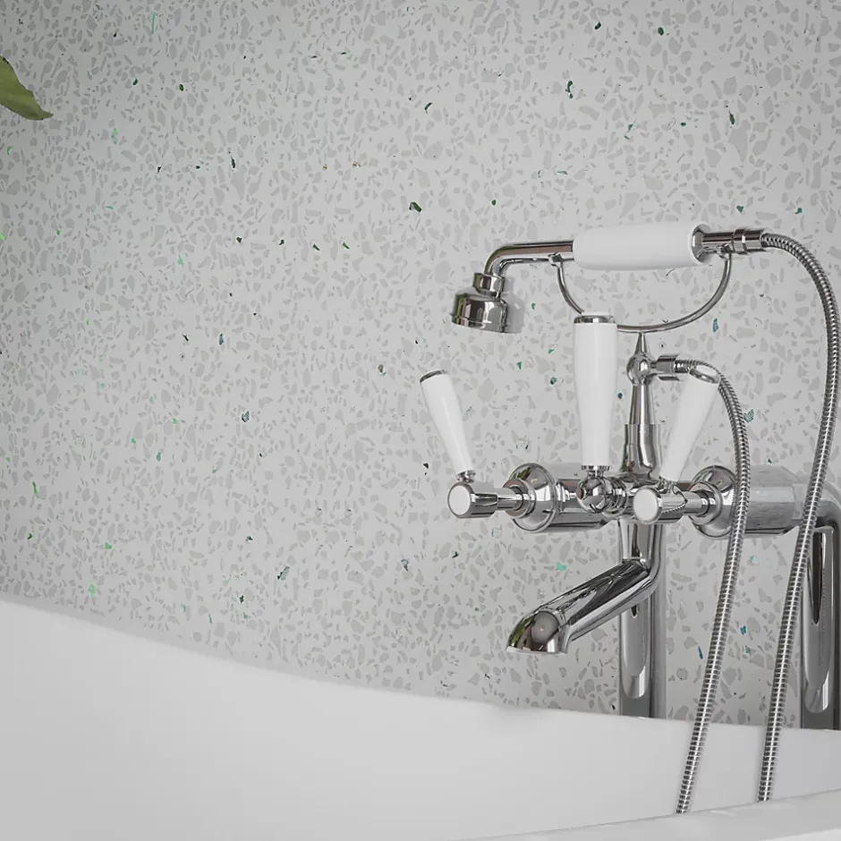 Mon Marché Déco Panneau Douche PVC Terrazzo Blanc - L. 240 x l. 100 x ép. 1 cm* Panneau Mural De Salle De Bains