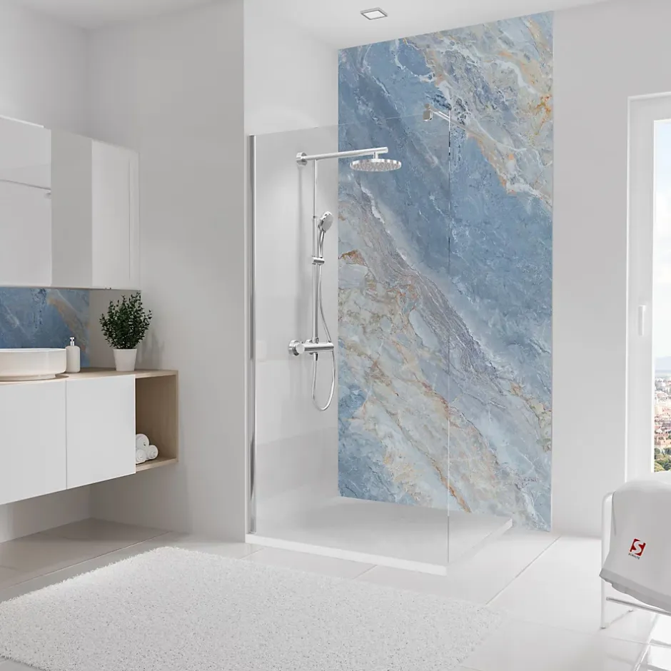 Schulte Panneau mural de salle de bains l.100 x H.210 cm, effet marbre bleu, DécoDesign Softtouch