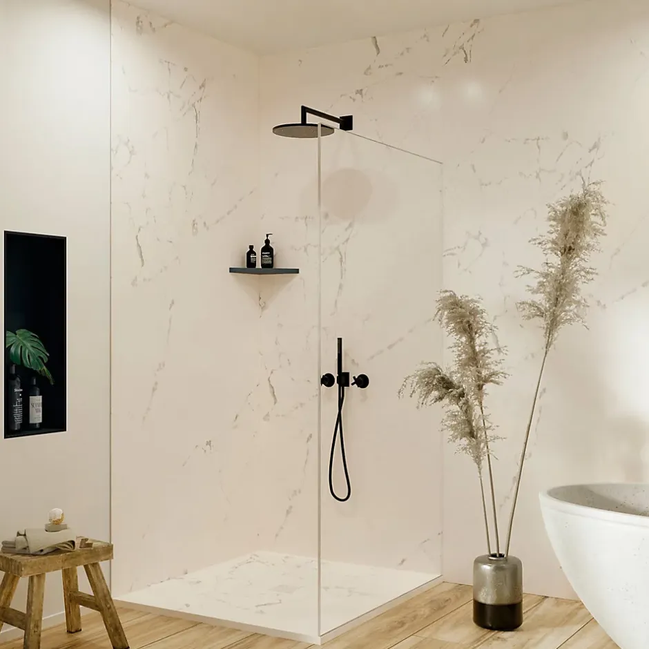 Autres Panneau mural pour salle de bain resine effet marbre blanc 250x120 cm Natte d'etancheite periferique integree