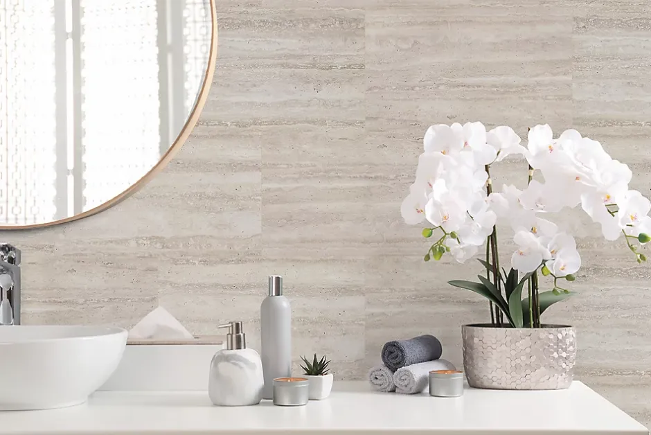 Dumawall+ panneaux muraux douche - dalle pvc travertino 37,5 cm ht x 65 cm lg - lot de 8 plaques - 1,95 m2* Panneau Mural De Salle De Bains